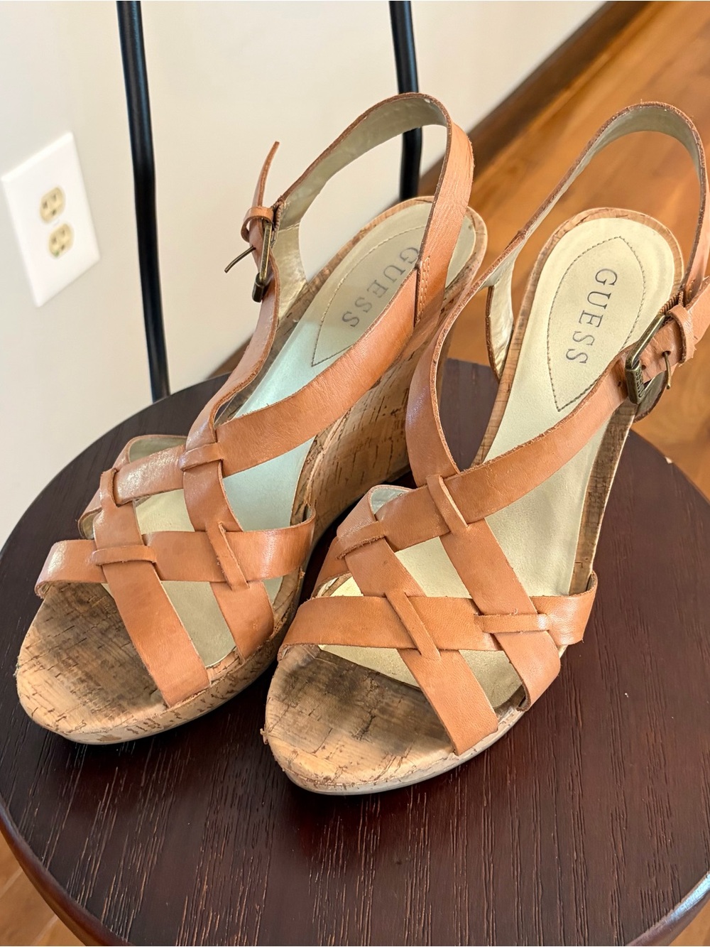 GUESS Cognac Braided Leather Wedge Sandals